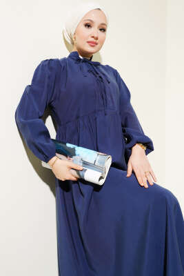 Yarım İp Bağcıklı Tensel Elbise Lacivert - Tesettür Elbise