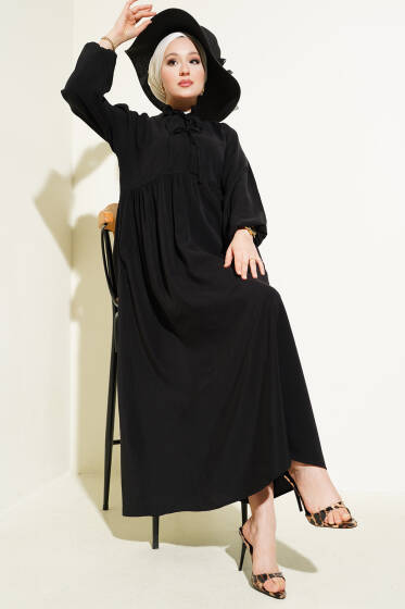 Yarım İp Bağcıklı Tensel Elbise Siyah - Elbise