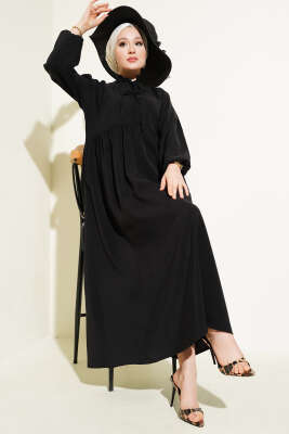 Yarım İp Bağcıklı Tensel Elbise Siyah 