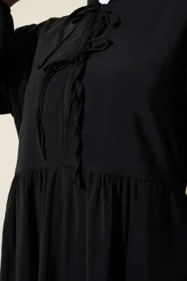 Yarım İp Bağcıklı Tensel Elbise Siyah - Tesettür Elbise