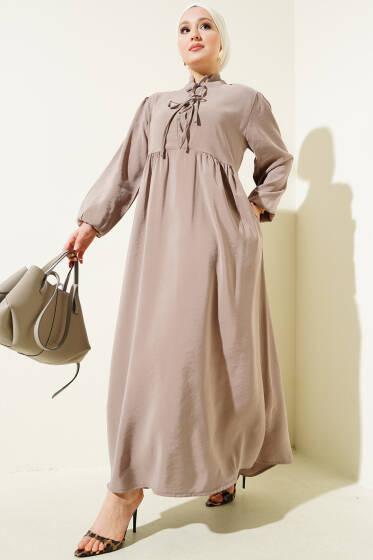 Yarım İp Bağcıklı Tensel Elbise Vizon - Elbise