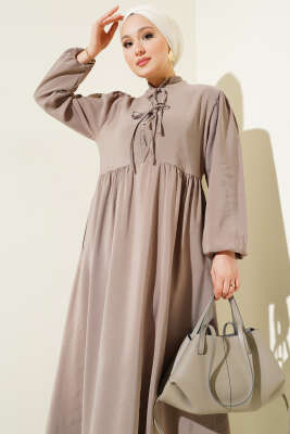 Yarım İp Bağcıklı Tensel Elbise Vizon - Tesettür Elbise