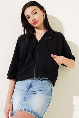 Yarım Kol Kapüşonlu Kısa Hırka Siyah - Kadın Giyim Modelleri
