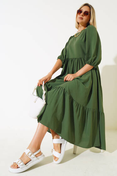 Yarım Kol Kat Midi Elbise Haki - Elbise