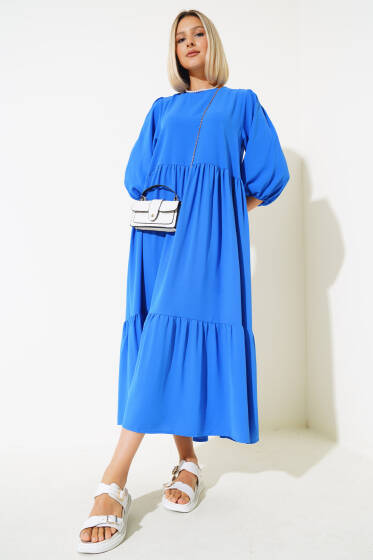 Yarım Kol Kat Midi Elbise Saks - Elbise