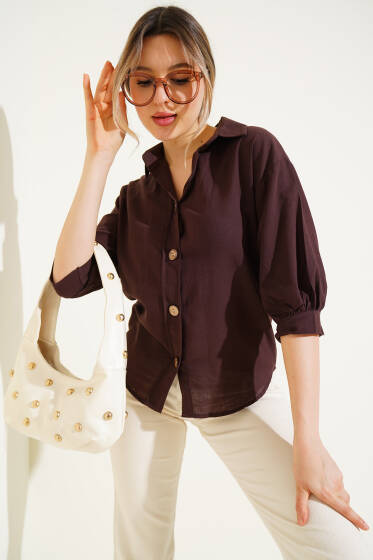 Yarım Kol Tahta Düğmeli Gömlek Kahve - Kadın Giyim Modelleri