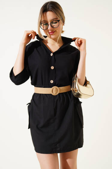 Yarım Kol Tahta Düğmeli Gömlek Siyah - Kadın Giyim Modelleri