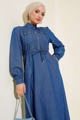 Yarım Metal Düğmeli Kot Elbise Kot - Tesettür Elbise