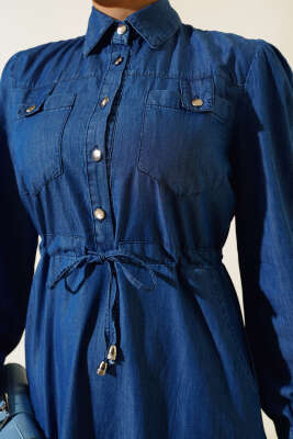 Yarım Metal Düğmeli Kot Elbise Kot - Tesettür Elbise