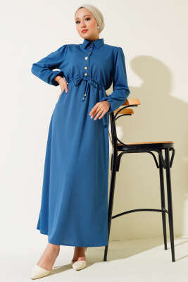 Yarım Patlı Bel Tünelli Elbise İndigo - Tesettür Elbise