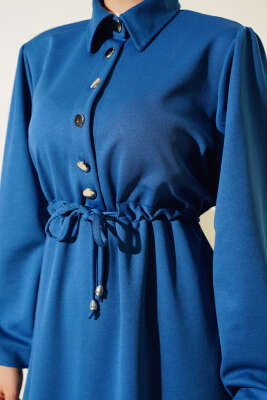 Yarım Patlı Bel Tünelli Elbise İndigo - Tesettür Elbise