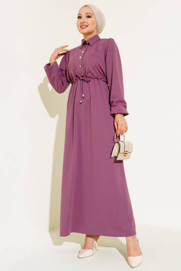 Yarım Patlı Bel Tünelli Elbise Lila - Tesettür Elbise
