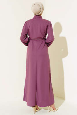 Yarım Patlı Bel Tünelli Elbise Lila - Tesettür Elbise