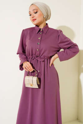 Yarım Patlı Bel Tünelli Elbise Lila - Tesettür Elbise