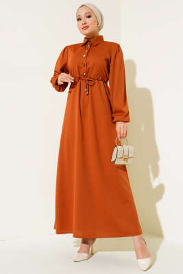 Yarım Patlı Bel Tünelli Elbise Taba 