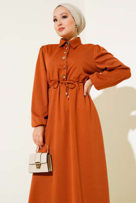 Yarım Patlı Bel Tünelli Elbise Taba - Tesettür Elbise