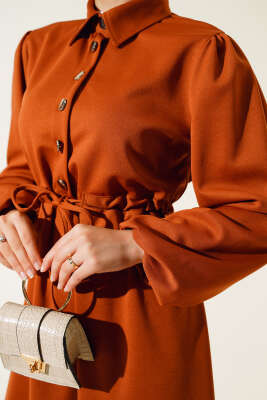 Yarım Patlı Bel Tünelli Elbise Taba - Tesettür Elbise