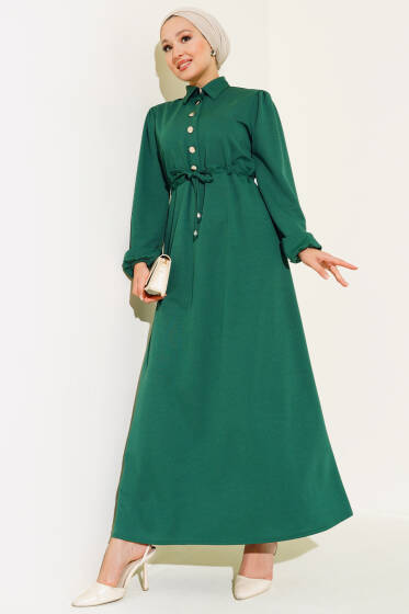 Yarım Patlı Bel Tünelli Elbise Zümrüt - Elbise