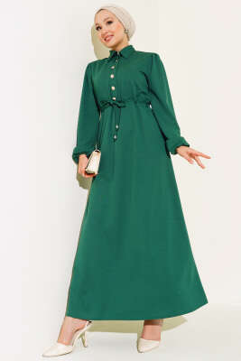 Yarım Patlı Bel Tünelli Elbise Zümrüt 