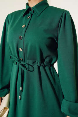 Yarım Patlı Bel Tünelli Elbise Zümrüt - Tesettür Elbise