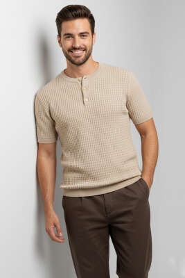 Yarım Patlı Erkek Triko T-shirt Bej - GİESTO