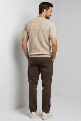 Yarım Patlı Erkek Triko T-shirt Bej - Erkek T-shirt