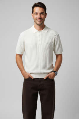 Yarım Patlı Erkek Triko T-shirt Beyaz - GİESTO