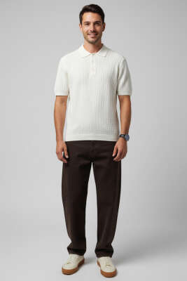 Yarım Patlı Erkek Triko T-shirt Beyaz - Erkek T-shirt