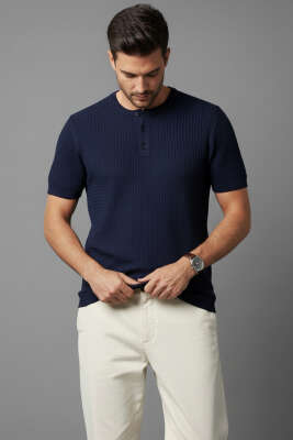 Yarım Patlı Erkek Triko T-shirt Lacivert - GİESTO