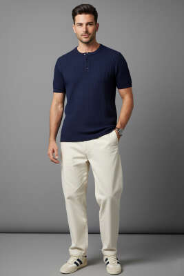 Yarım Patlı Erkek Triko T-shirt Lacivert - Erkek T-shirt