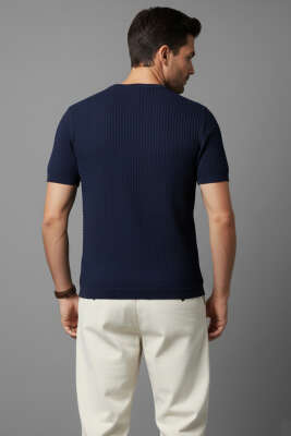 Yarım Patlı Erkek Triko T-shirt Lacivert - Erkek T-shirt