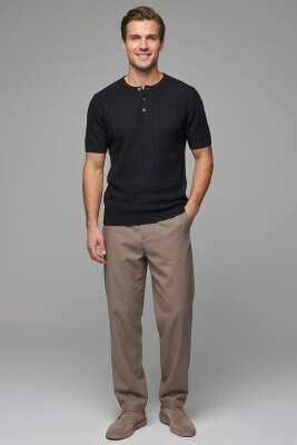 Yarım Patlı Erkek Triko T-shirt Siyah - Erkek T-shirt