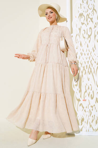 Yarım Patlı Kat Kat Elbise Bej - Elbise