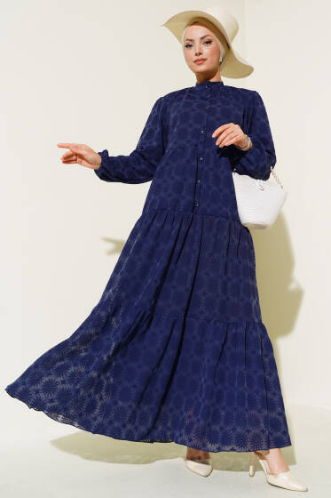 Yarım Patlı Kat Kat Elbise Lacivert - Elbise