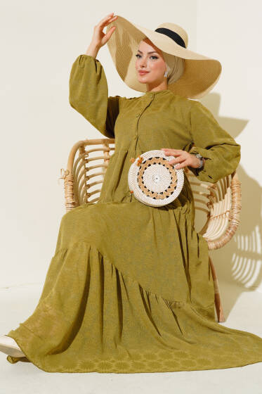 Yarım Patlı Kat Kat Elbise Yağ Yeşili - Elbise