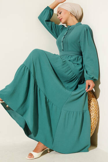 Yarım Piliseli Düğmeli Elbise Çağla Yeşili - Elbise