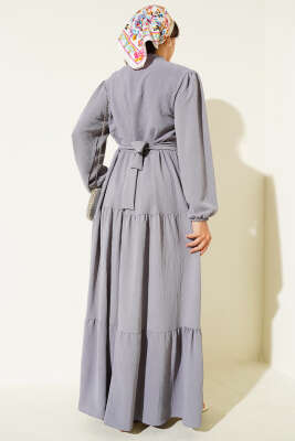 Yarım Piliseli Düğmeli Elbise Gri - Tesettür Elbise