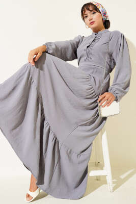 Yarım Piliseli Düğmeli Elbise Gri - Tesettür Elbise