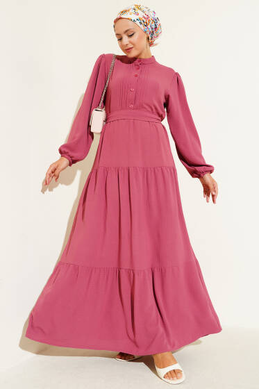 Yarım Piliseli Düğmeli Elbise Gül Kurusu - Elbise