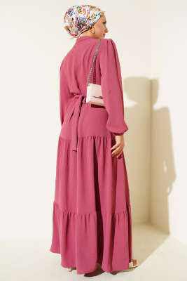 Yarım Piliseli Düğmeli Elbise Gül Kurusu - Tesettür Elbise