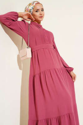 Yarım Piliseli Düğmeli Elbise Gül Kurusu - Tesettür Elbise