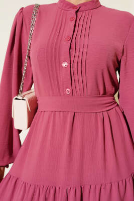 Yarım Piliseli Düğmeli Elbise Gül Kurusu - Tesettür Elbise