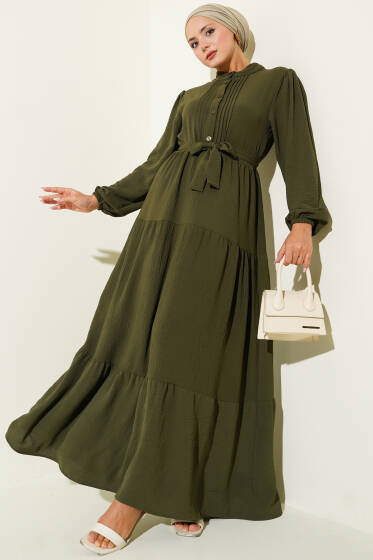 Yarım Piliseli Düğmeli Elbise Haki - Elbise