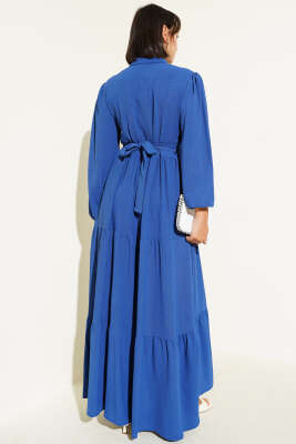 Yarım Piliseli Düğmeli Elbise Indıgo - Tesettür Elbise