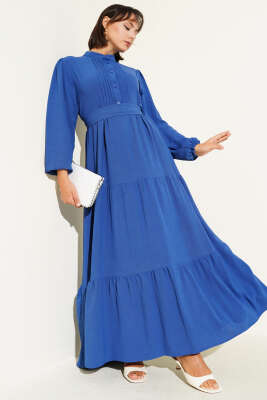 Yarım Piliseli Düğmeli Elbise Indıgo - Tesettür Elbise