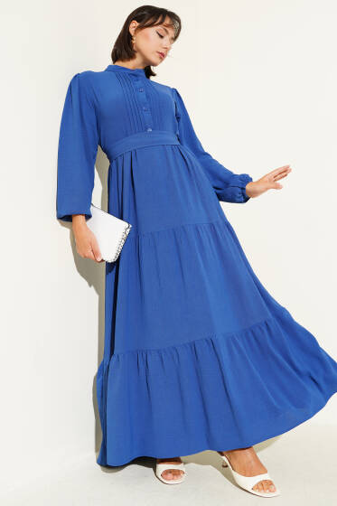 Yarım Piliseli Düğmeli Elbise Indıgo - Tesettür Elbise