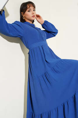 Yarım Piliseli Düğmeli Elbise Indıgo - Tesettür Elbise