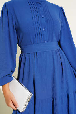 Yarım Piliseli Düğmeli Elbise Indıgo - Tesettür Elbise