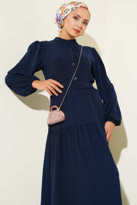 Yarım Piliseli Düğmeli Elbise Lacivert - Tesettür Elbise