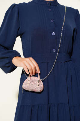 Yarım Piliseli Düğmeli Elbise Lacivert - Tesettür Elbise